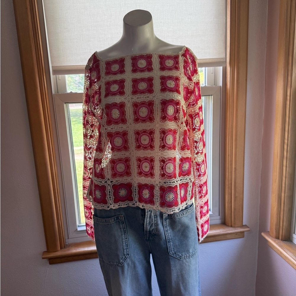 Pink and White Crochet Women Top